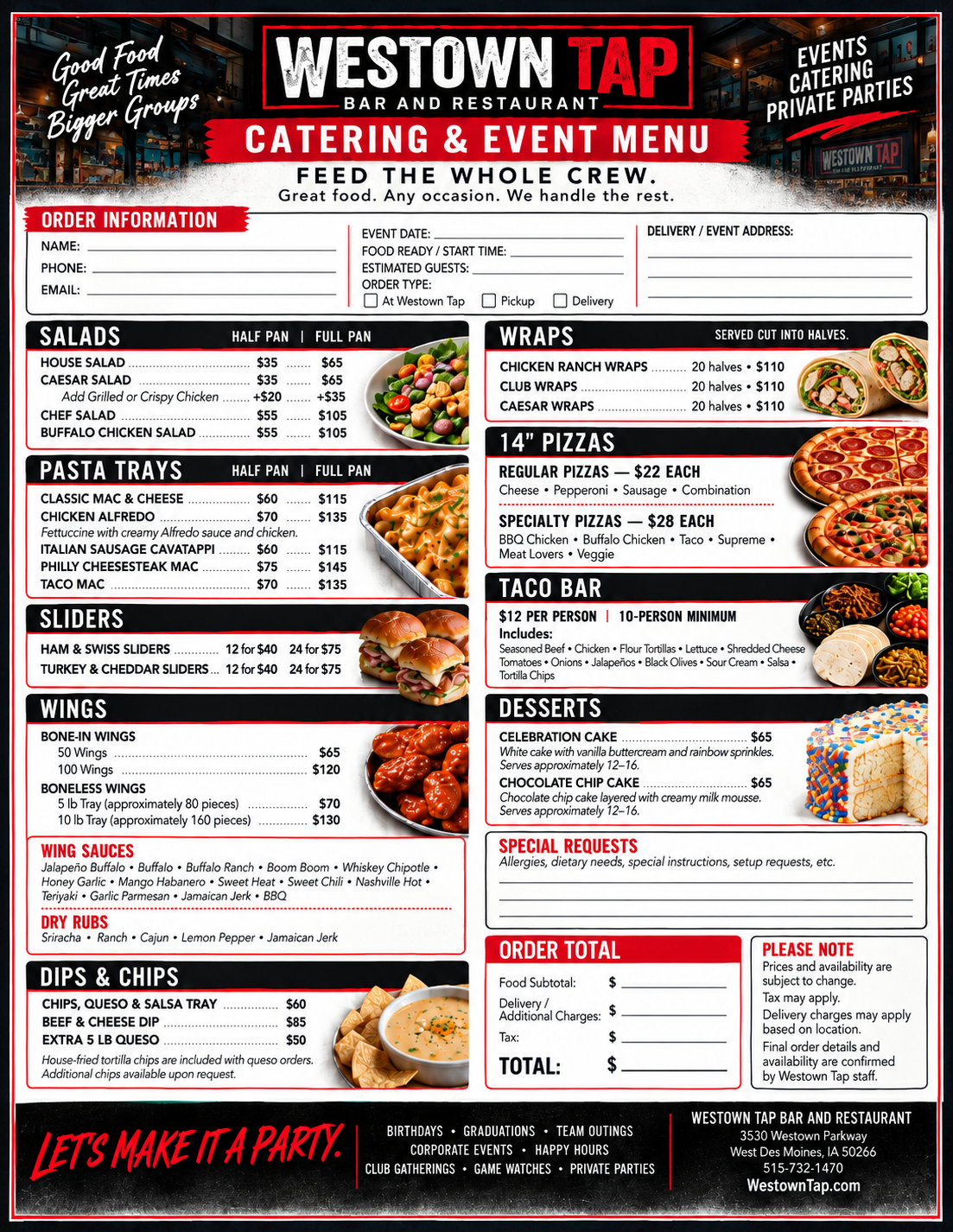 Printable Westown Tap catering and event menu
